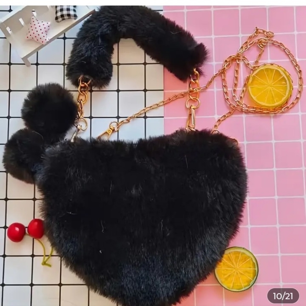 Black Furry 2way Crossbody/Shoulder Bag with Gold Chain 2 Straps
